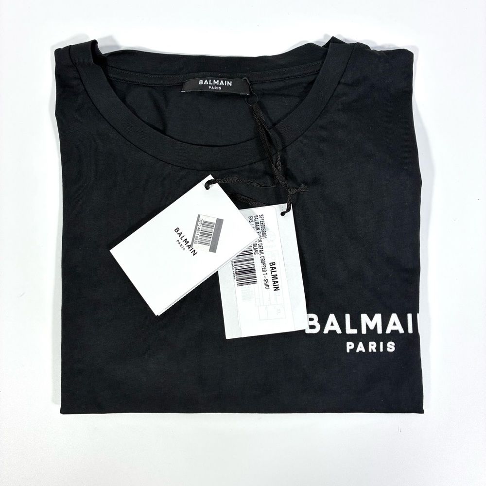 Balmain Cropped Eco-Designed Cotton T-Shirt Tee Flocked Logo Black XL NWT - Picture 9 of 14